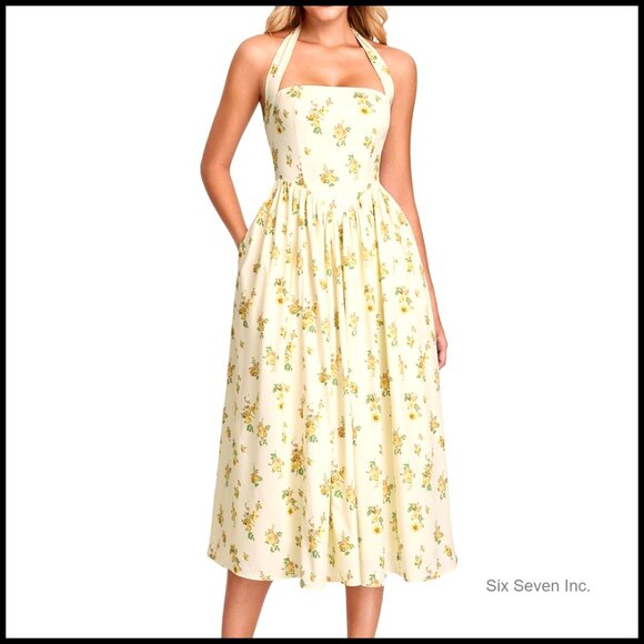 Floral Halter Corset Midi Dress with Pockets Elegant Smocked Flowy -  cruiseboatoman.com